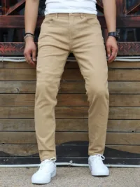 Men Slant Pocket Solid Jeans Plain Slim Fit Washed Khaki Cargo Jeans