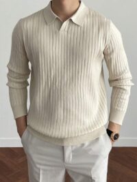 Men Solid Ribbed Knit Fall Beige Sweater