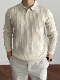 Men Solid Ribbed Knit Fall Beige Sweater