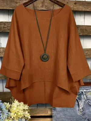 Women Solid Color Round Neck Asymmetrical Hem Blouse