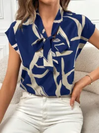 Work Women Tops Graphic Print Tie Neck Batwing Sleeve Blouse
