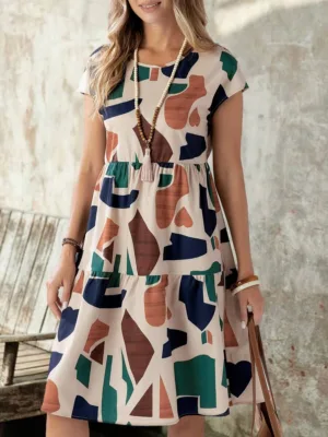Women's Summer Geometric Pattern Print Round Neck Short-Sleeve Dress,Vacation Outfits Women