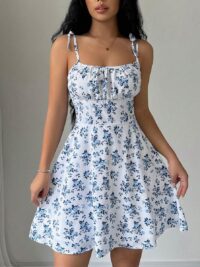 Ladies' Spaghetti Strap Tie-Back Floral Print Pleated Cami Dress Mini Short Women Outfit