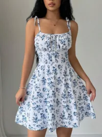 Ladies' Spaghetti Strap Tie-Back Floral Print Pleated Cami Dress Mini Short Women Outfit