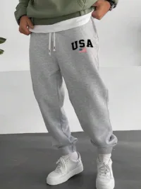 Autumn New Men's Sweatpants, Knitted Elastic Waist Drawstring Joggers, Letter Graphic Print,For Outdoor Activities And Jogging