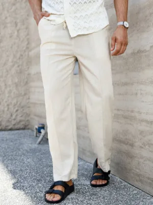 Men's Solid Color Pocket Simple Casual Pants, Daily Plain Long Vacation Drawstring Straight Leg Slacks Pants