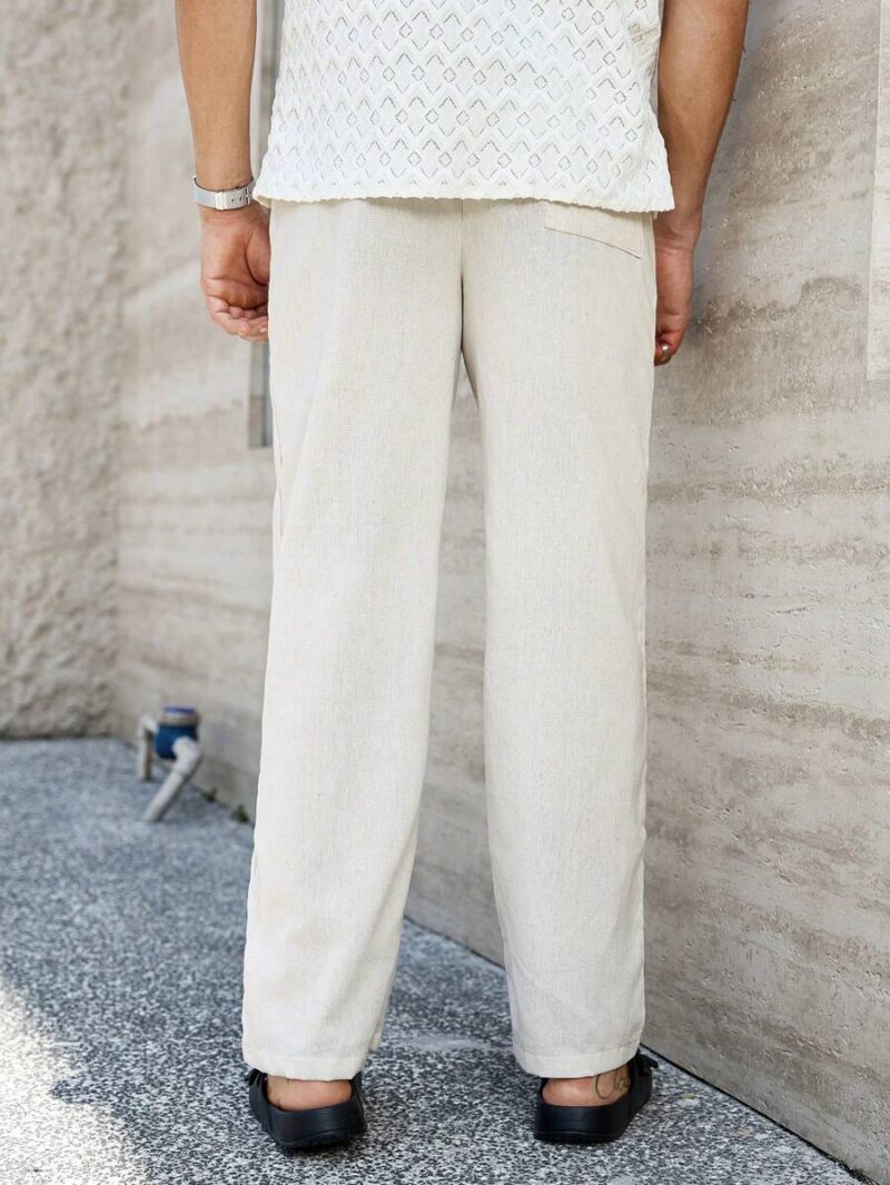 Men's Solid Color Pocket Simple Casual Pants, Daily Plain Long Vacation Drawstring Straight Leg Slacks Pants - Image 2