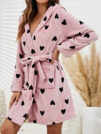 1peace Women Heart Printed Flannel Thick Bathrobe, Double-Sided Plush Jacquard Embroidered Star Long Sleeve Sleepwear, Autumn/Winter