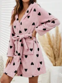 1peace Women Heart Printed Flannel Thick Bathrobe, Double-Sided Plush Jacquard Embroidered Star Long Sleeve Sleepwear, Autumn/Winter