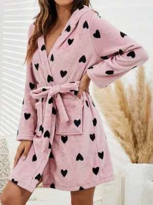 1peace Women Heart Printed Flannel Thick Bathrobe, Double-Sided Plush Jacquard Embroidered Star Long Sleeve Sleepwear, Autumn/Winter