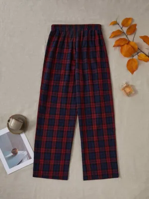Pre-Owned Women's Casual Plaid Elastic Waist Straight Leg Pajama Pants