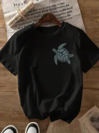 Loose Casual Sea Turtle & Letter Print T-Shirt, Suitable For Summer Beach, Malibu, Surfing, Diving, Seattle Beach Graphic Tees Women Tops