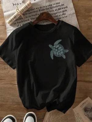 Loose Casual Sea Turtle & Letter Print T-Shirt, Suitable For Summer Beach, Malibu, Surfing, Diving, Seattle Beach Graphic Tees Women Tops