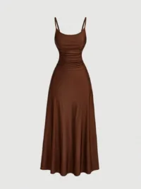 Women's Solid Color Ruched Waist Flared Hem Spaghetti Strap Dress,Semi Formal Dress,Elegant Tea Party Dress,Flowy Cruise Women Outfits