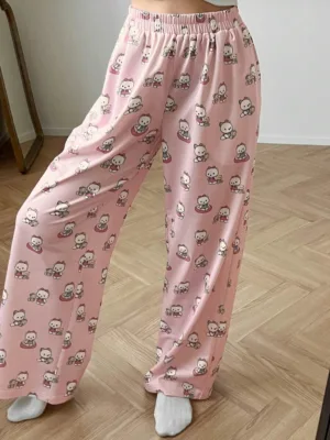 Cute Cartoon Allover Print Straight Leg Pajama Bottom, Pink