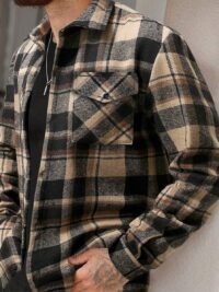 Men's Plaid Long Sleeve Utility Pocket Shacket For Autumn And Winter