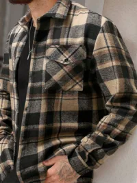 Men's Plaid Long Sleeve Utility Pocket Shacket For Autumn And Winter