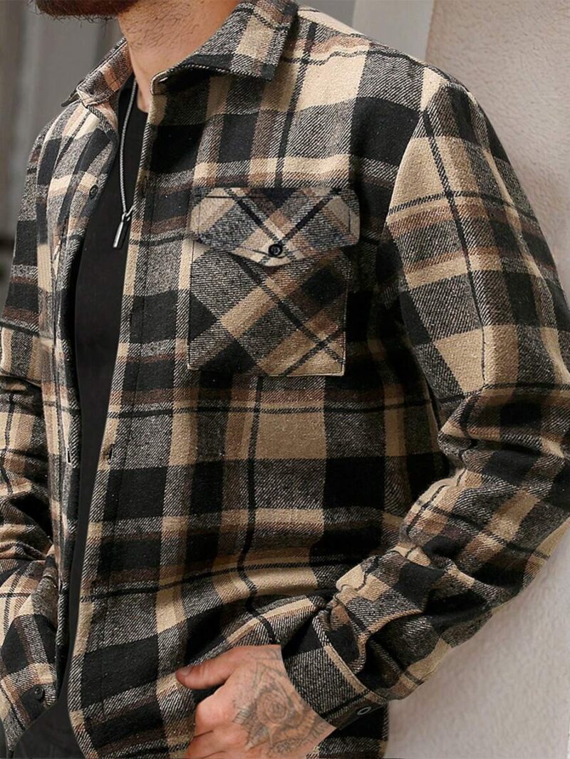 Men's Plaid Long Sleeve Utility Pocket Shacket For Autumn And Winter - Image 1