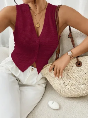 Women's Button-Front Sleeveless Striped Tank Top, Casual Everyday Wear, French Textured Knit Striped Vest Vest